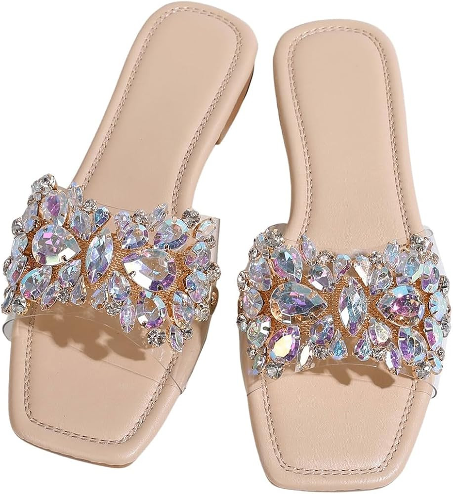 Verdusa Women's Rhinestone Clear Flat Sandals Square Toe Slide Sandals | Amazon (US)
