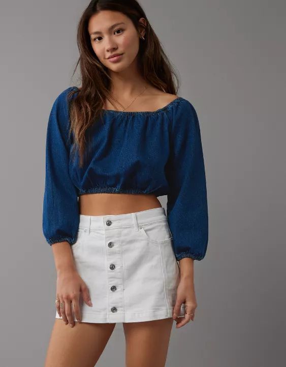 AE Low-Rise A-Line Denim Mini Skirt | American Eagle Outfitters (US & CA)