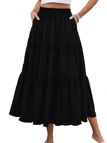 HUSKARY Boho Maxi Skirts for Women Trendy Summer 2025 Elegant Tiered Midi Skirts Loose Flowy Long Skirt,Black,XX-Large | Amazon (US)