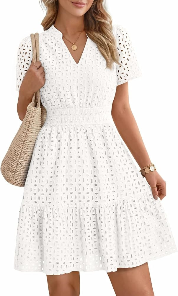 LILLUSORY Womens Eyelet Dress 2026 Summer Mini V Neck A Line Hollow Out Lace Spring Cute Casual B... | Amazon (US)