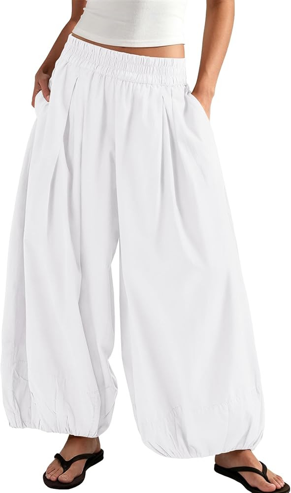 ReachMe Womens Elastic High Waist Wide Leg Barrel Pants Flowy Baggy Balloon Trousers Summer Beach... | Amazon (US)