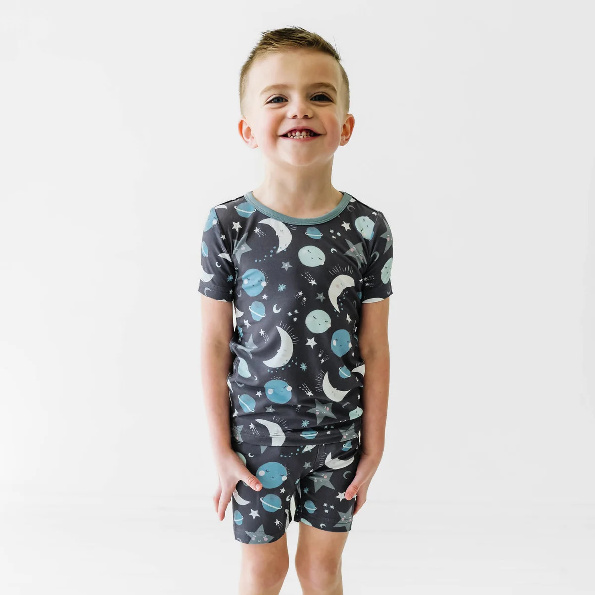 Blue To the Moon & Back Two-Piece Short Sleeve & Shorts Pajama Set | Little Sleepies