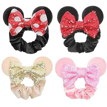 4 Pcs Minnie Mouse Ears Mickey Ears Scrunchies Sequin Bows Hair Bands Ponytail Hair Ties Hair Acc... | Amazon (US)
