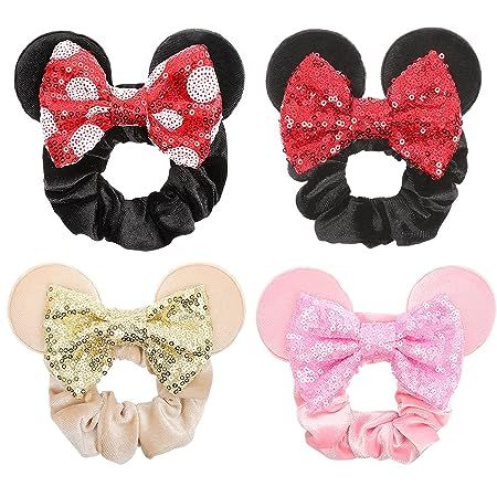 4 Pcs Minnie Mouse Ears Mickey Ears Scrunchies Sequin Bows Hair Bands Ponytail Hair Ties Hair Acc... | Amazon (US)