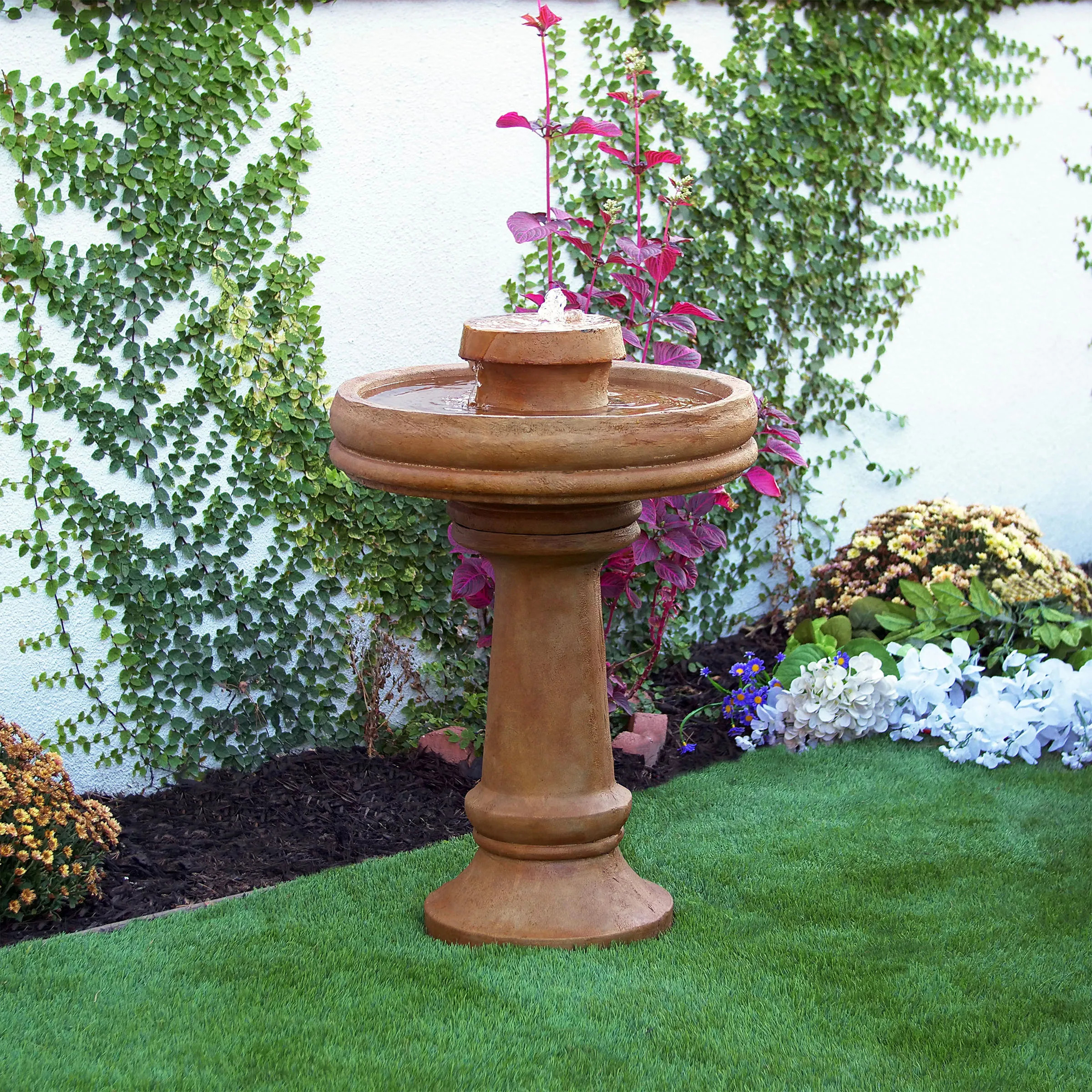 Alpine Corporation TZL202 Outdoor Floor Vintage Pedestal Water Fountain with Bird Bath and LED Li... | Overstock