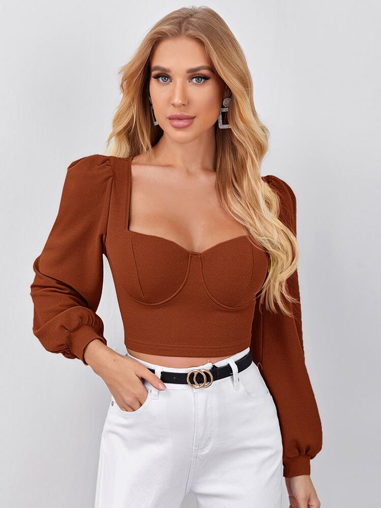 Firerie Sweetheart Neck Lantern Sleeve Crop Top | SHEIN