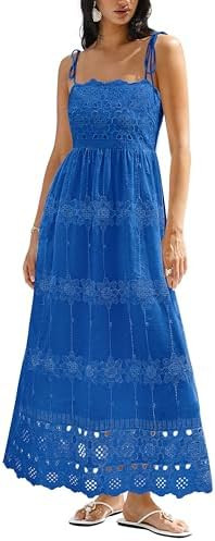 dowerme Womens Summer Maxi Dresses 2026 Casual Spaghetti Strap Smocked Eyelet Cotton Dress Long B... | Amazon (US)