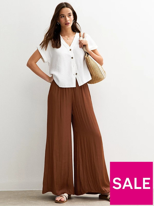 New Look Brown Satin Palazzo Trousers | Very (UK)