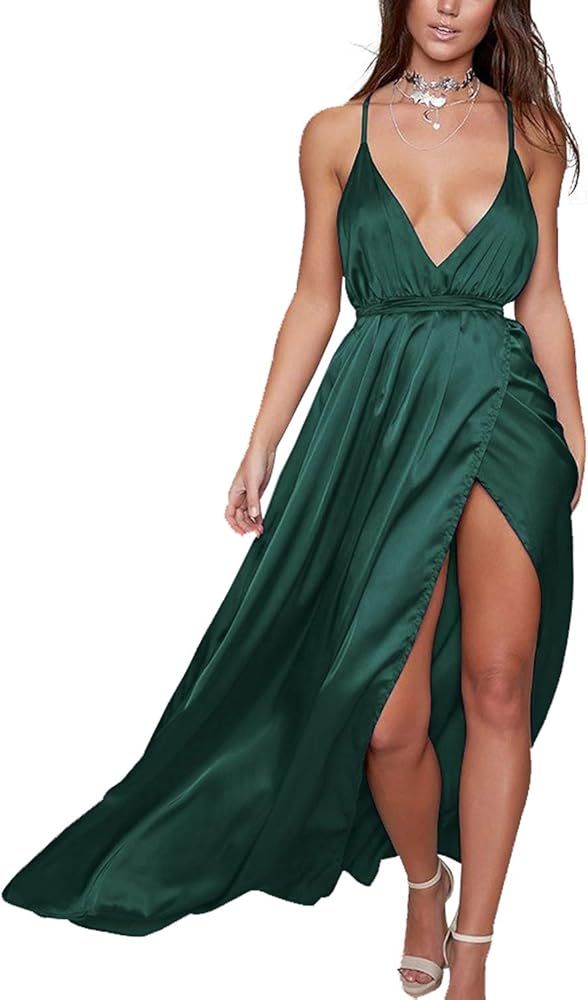 Women's Satin Formal Dress Sexy V Neck Backless Split Long Maxi Cocktail Party Wedding Guest Dres... | Amazon (US)