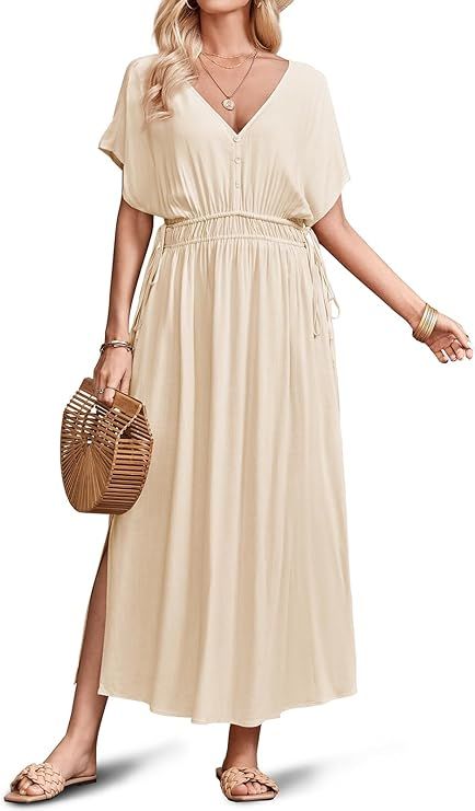 Fisoew Womens Short Sleeve Casual Dress V Neck Drawstring High Waist Split Summer Midi Dresses | Amazon (US)