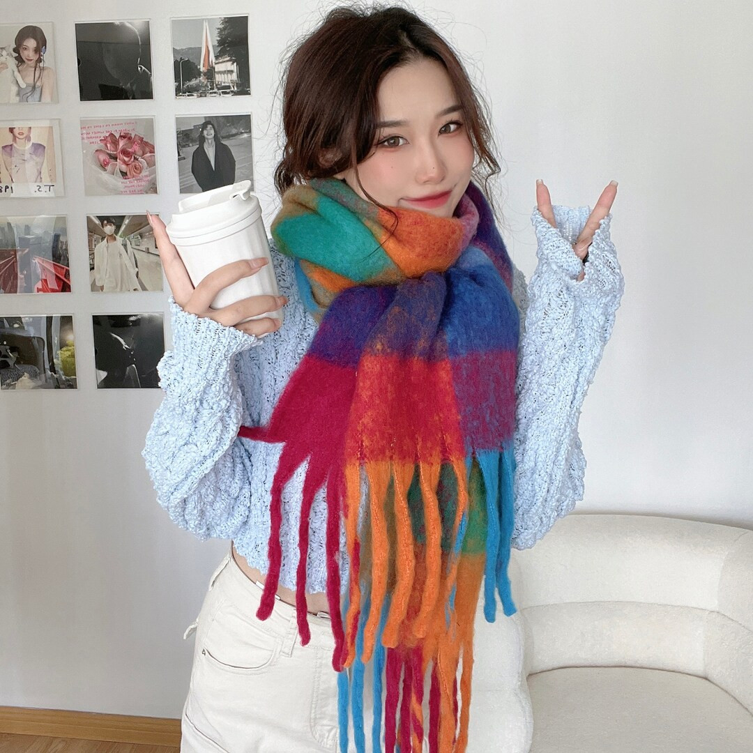 Mohair reversible scarf, fluffy wool blend winter scarf, colorful plaid scarf, fringe plaid scarf... | Etsy (US)