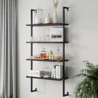 Nathan James Theo Nutmeg Brown 4-Shelf Wood 64 in. Black Pipe Metal Frame Floating Wall Mount She... | The Home Depot