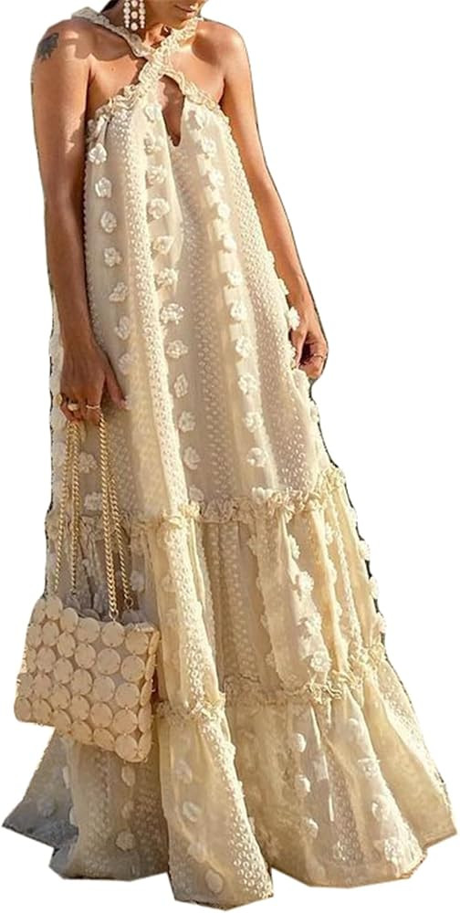 Women's Sleeveless Halter 3D Flowers Ruffles Casual Sexy Nightclub Party Long Dress | Amazon (US)