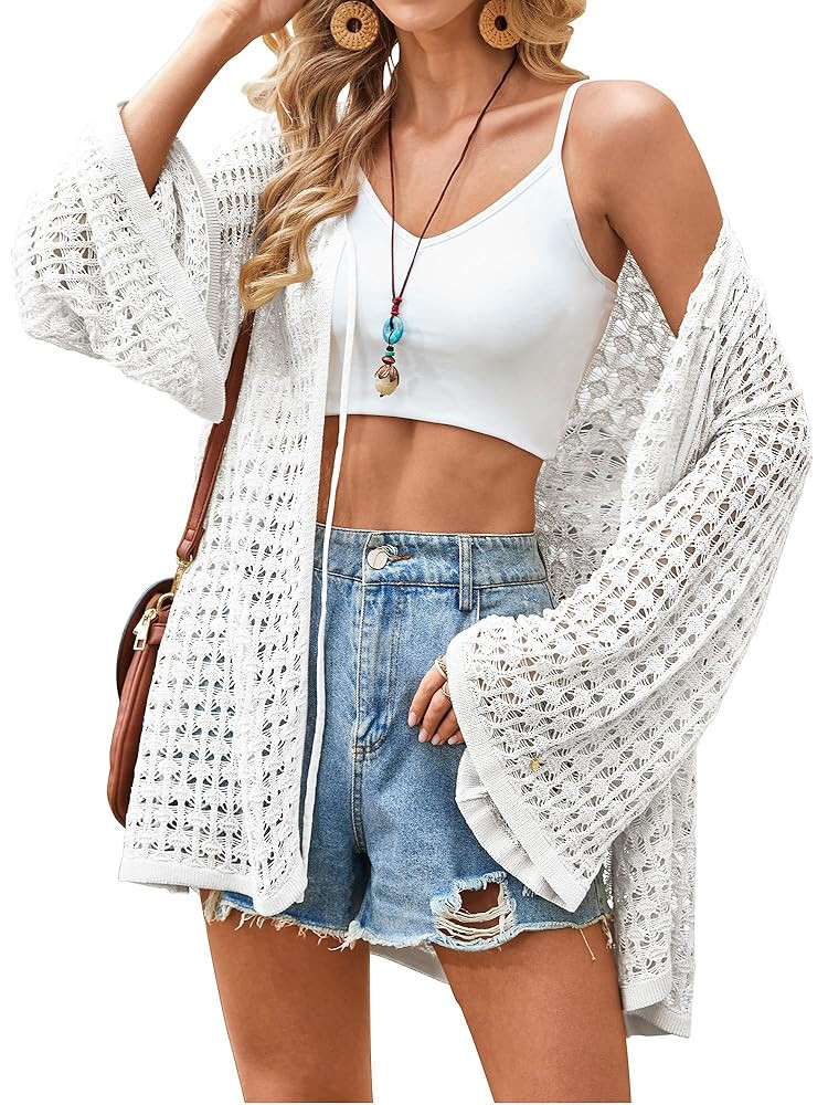 Angashion Women's Crochet Cardigan Sweaters Lightweight Knitted Long Batwing Sleeve Hollow Out Ti... | Amazon (US)