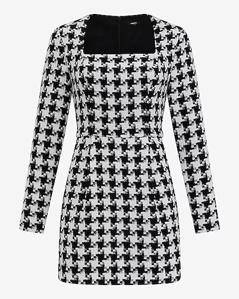 Houndstooth Square Neck Long Sleeve Mini Dress with Pockets | Express