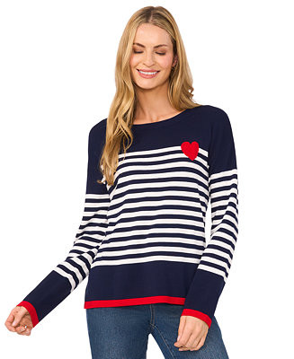 Women's Sailor Stripe Heart-Trim Long-Sleeve Sweater | Macy's