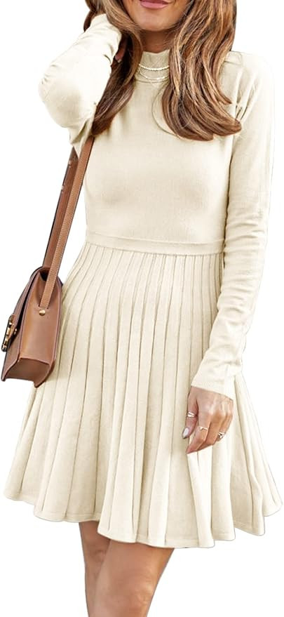 Umimi Women's Mock Neck Ribbed Long Batwing Sleeve Pleated Pullover Cute Mini Sweater Dress | Amazon (US)