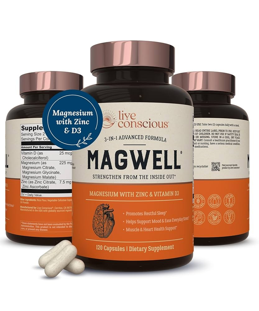 Live Conscious Magwell Magnesium Zinc & Vitamin D3 - Magnesium Glycinate, Malate, & Citrate - Tri... | Amazon (US)