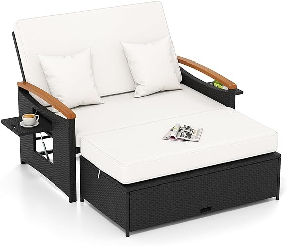 Tangkula Patio Rattan Daybed with 4-Level Adjustable Backrest, Outdoor Wicker Loveseat with Acaci... | Amazon (US)