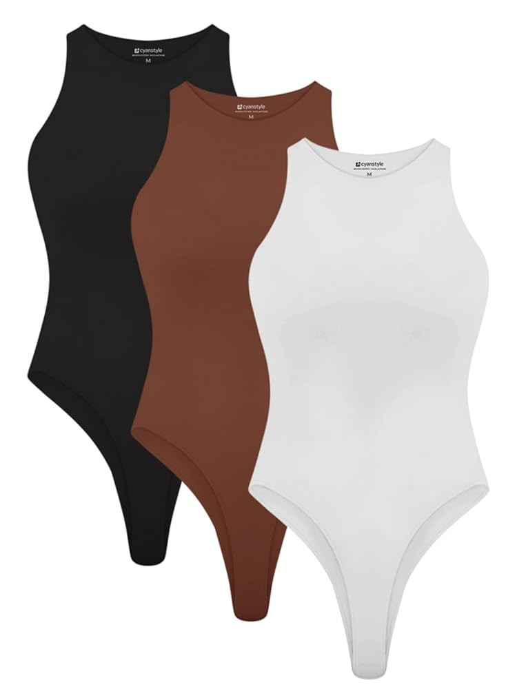 Cyanstyle Womens 3 Piece Bodysuits Sexy Sleeveless Racer Back High Neck Double Lined Bodysuit Tan... | Amazon (US)