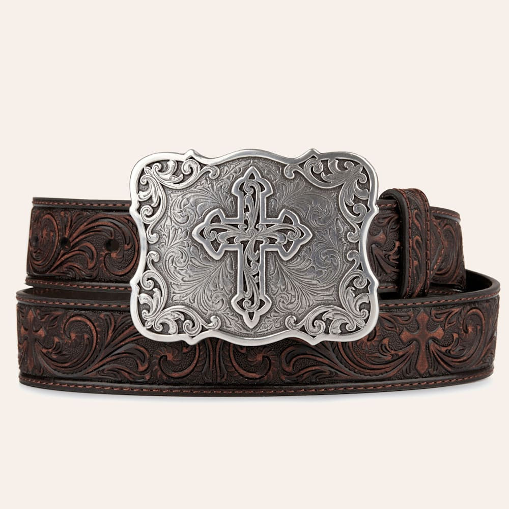 Nocona Women's Brown Tooled Floral and Cross Fashion Western Belt | Cavender's
