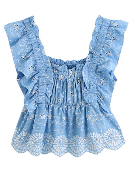 'Martha' Embroidered Ruffled Sleeve Ruched Top | Goodnight Macaroon