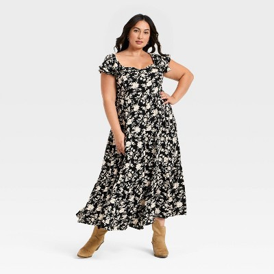 Women's Flutter Cap Sleeve Tiered Maxi A-Line Dress - Ava & Viv™ Black/Tan Floral | Target