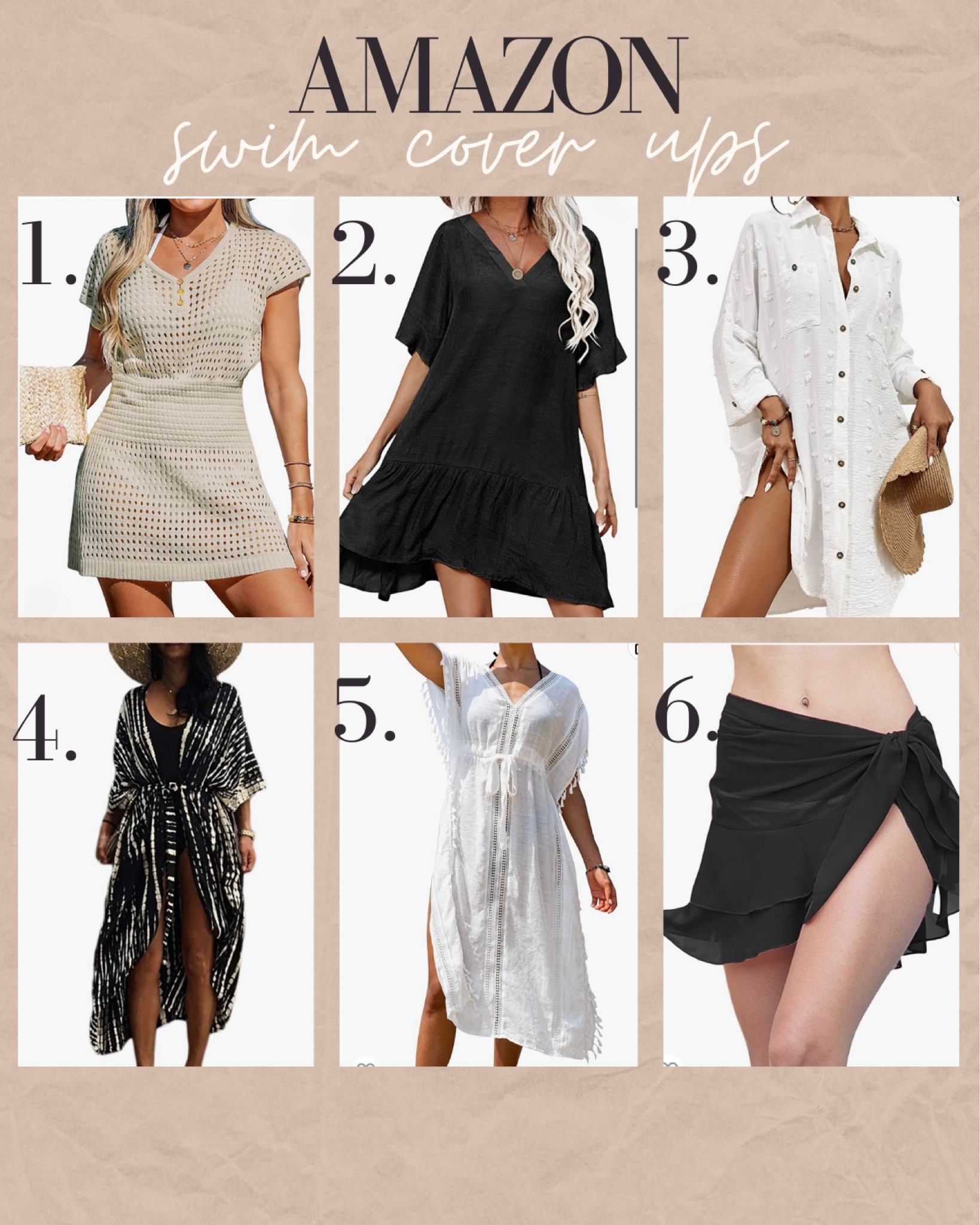Amazon swim cover ups
Crochet cover up, short sleeve ruffle dress cover up, button down Swiss dot cover up, white cover up, black cover up, neutral cover up, black tie skirt cover up, black and white tie wrap cover up, belted tassel cover up


#LTKunder50 #LTKswim #LTKSeasonal