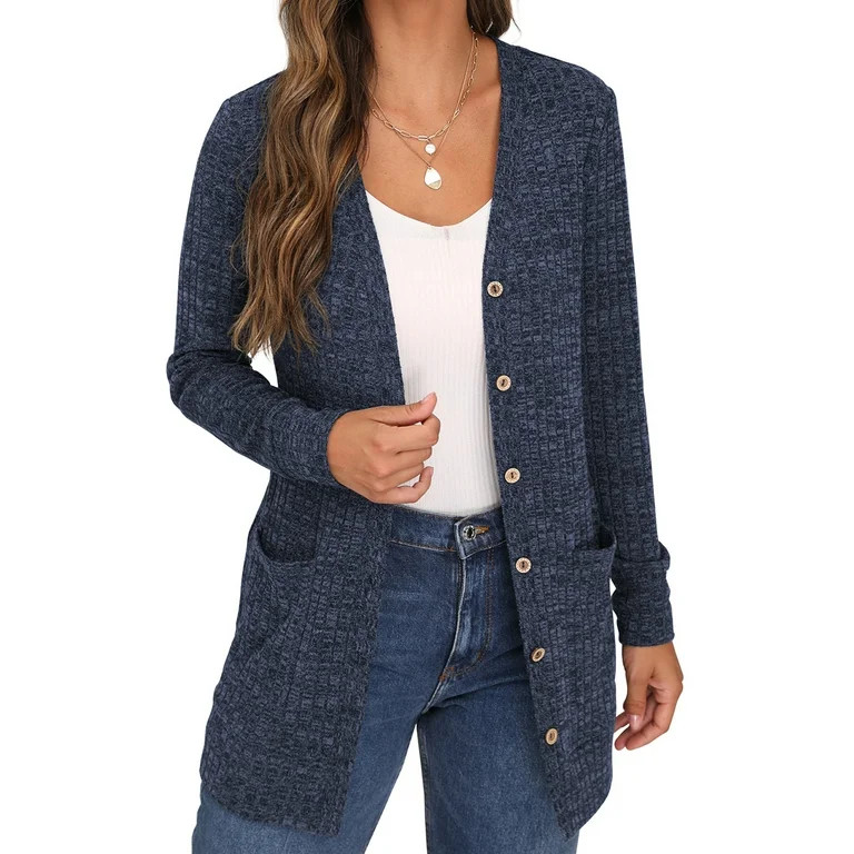 JWD Women's Long Sleeve Open Front Cardigan Button Down Vee Neck Ribbed Knit Lightweight Outerwea... | Walmart (US)