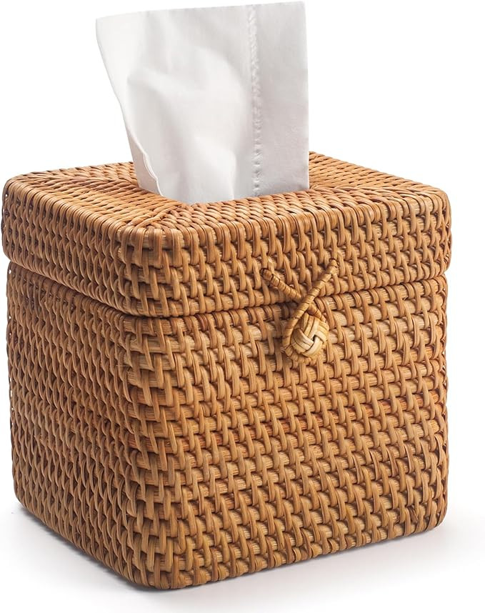 Rattan Tissue Box Cover Square, Wicker Tissue Box Holder with Lid, Natural Woven Facial Tissue Ho... | Amazon (US)
