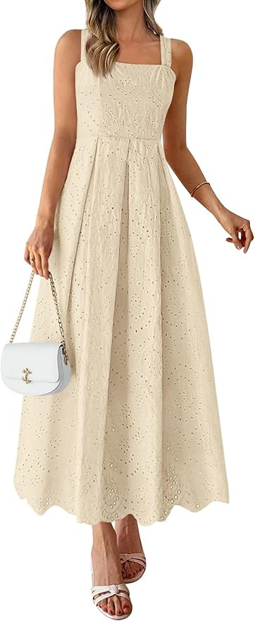 PRETTYGARDEN Womens Sleeveless Maxi Summer Dresses 2026 Hollow Out Eyelet Square Neck Ruffle Flow... | Amazon (US)
