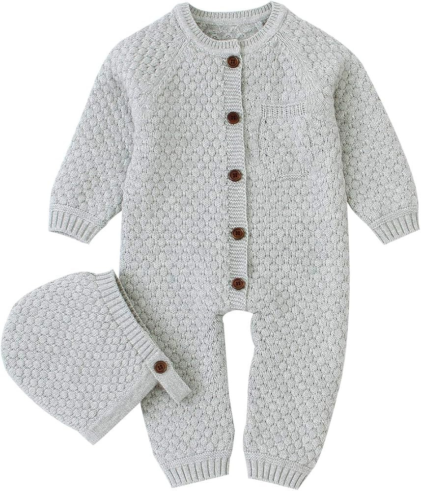 mimixiong Baby Newborn Knitted Sweater Romper Longsleeve Outfit Cotton Jumpsuit with Warm Hat Set | Amazon (US)