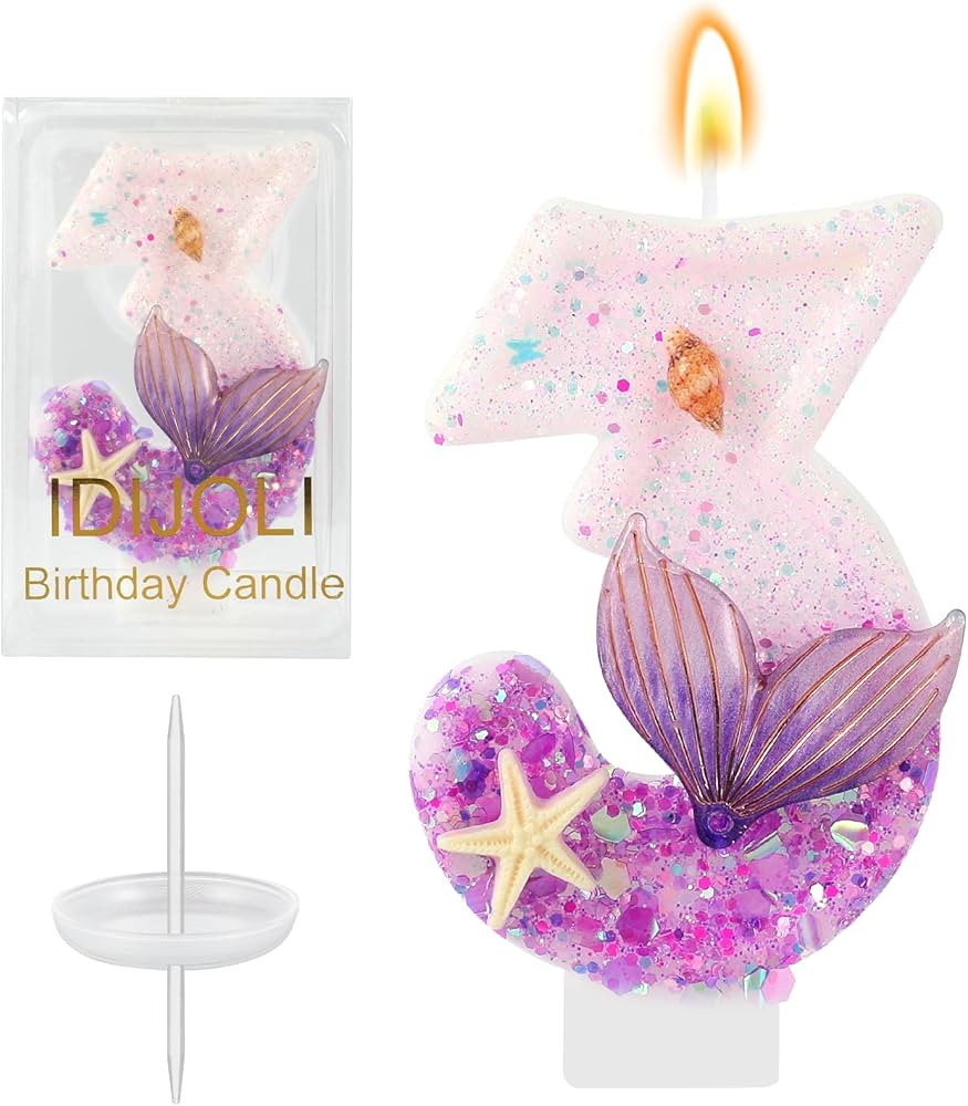 Purple Number 3 Candles Mermaid Birthday Candle 3nd Birthday Cake Topper Cupcake Decorations for ... | Amazon (US)