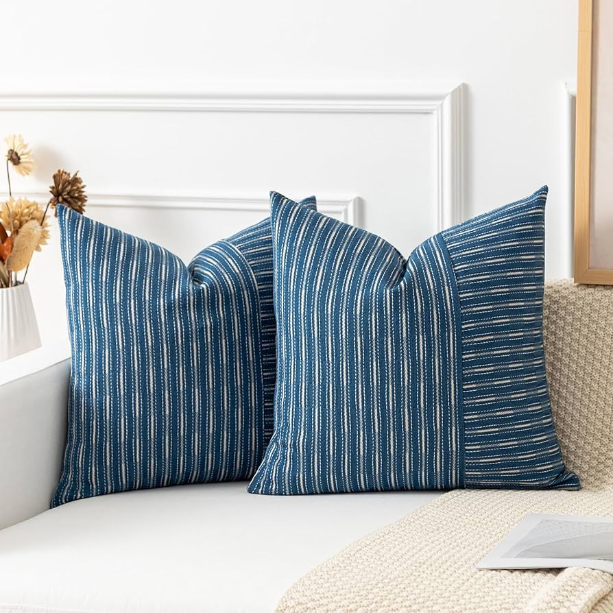 Kevin Textile Dark Blue and Beige Farmhouse Striped Patchwork Linen Decorative Throw Pillows Cove... | Amazon (US)