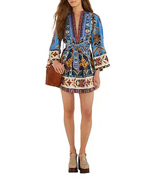 Farm Rio Embroidered Tapestry Blue V-Neck Long Wide Sleeve Tie Front Mini Dress - M | Dillard's