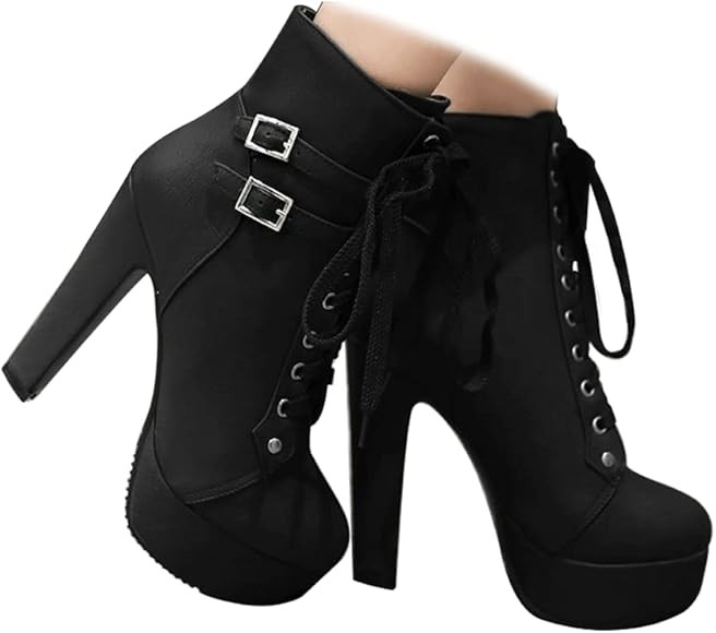 Women's Ankle Booties Lace Up Buckle Chunky High Heel Platform Knight Boots Belt Buckle Punk Cosp... | Amazon (US)