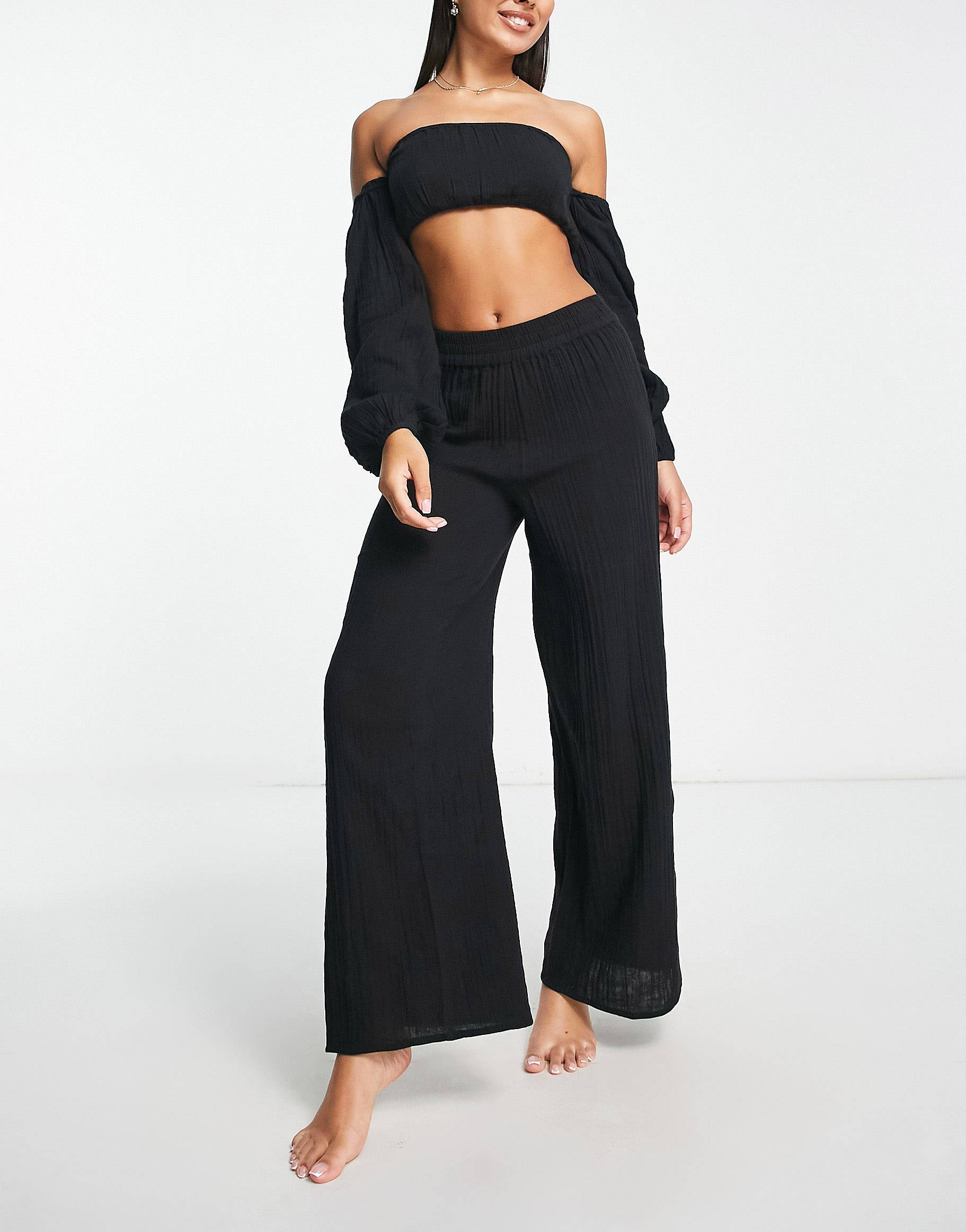 ASOS DESIGN wide leg beach trouser co-ord in black gauze | ASOS (Global)