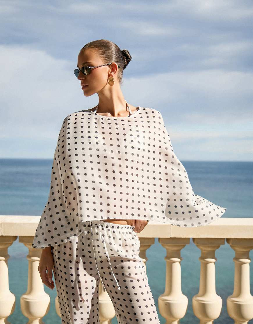 4th & Reckless sheer mesh beach cape top co-ord in white polka dot | ASOS (Global)