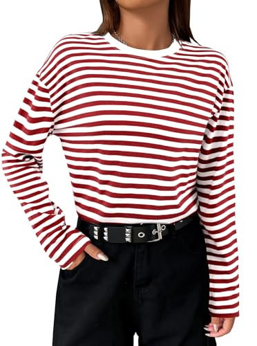 LilyCoco Womens Long Sleeve Striped Shirts Casual Color Block Crew Neck T Shirts Red Large | Amazon (US)