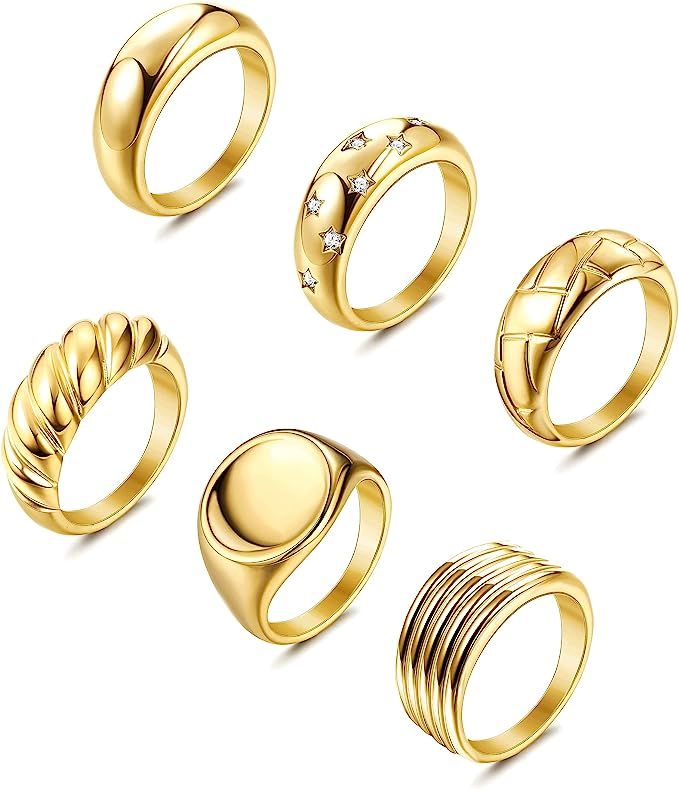 Florideco 6Pcs Gold Chunky Dome Rings Set for Women 24k Gold Plated Croissant Braided Twisted Thi... | Amazon (US)