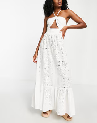 Topshop broderie halterneck maxi beach dress in white | ASOS (Global)