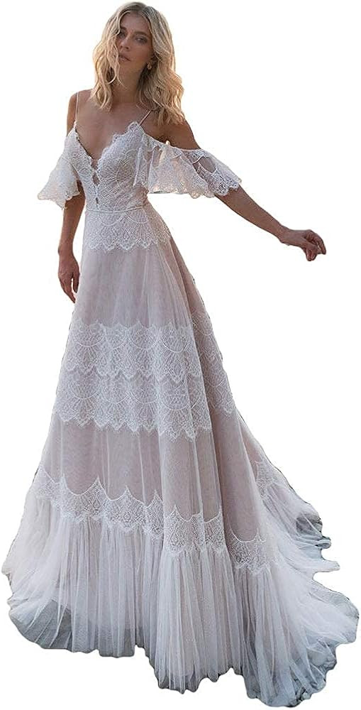 Women's Wedding Dresses Chic Lace Evening Dresses V Neck Ruffle Sleeves Beachy Boho Outdoorsy Wed... | Amazon (US)