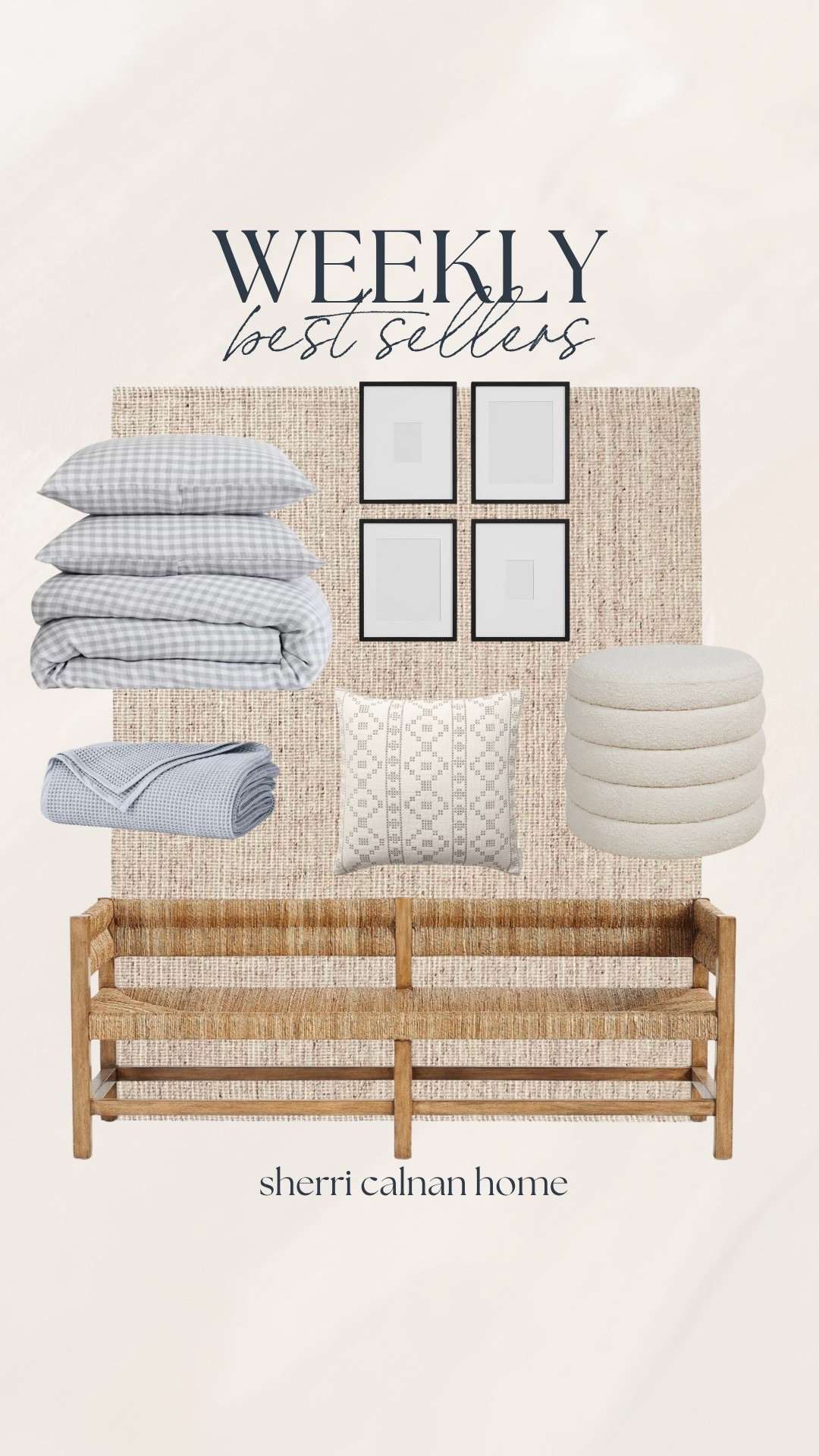 This week’s bestsellers are in! 🤍☁️ Cozy bedding finds and this chunky wool jute rug continue to be top picks. We have this rug and love the texture so much—and it’s on sale! Other favorites: an upholstered ottoman, these wood picture frames, woven bench, and this cute throw pillow. 

#LTKSaleAlert #LTKHome