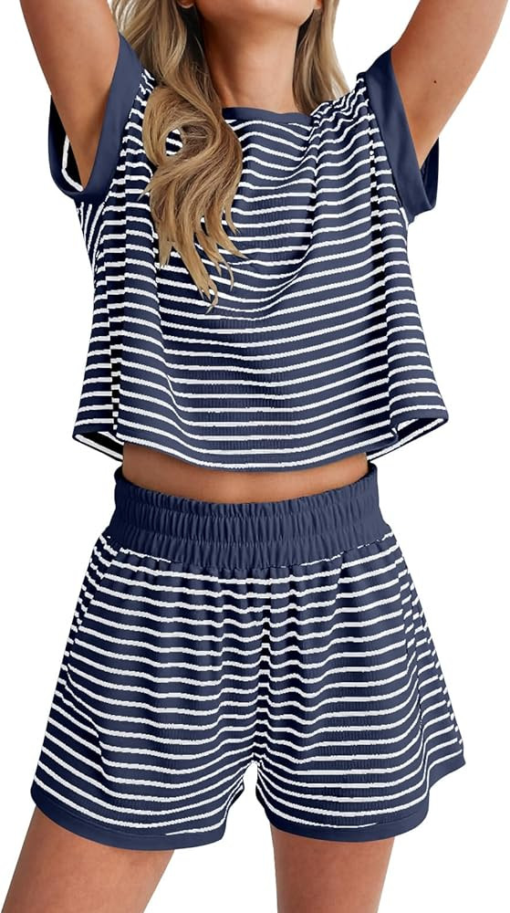 ANRABESS Womens Pajama Sets Striped 2 Piece Lounge Shorts PJ Set Short Sleeve T Shirts 2026 Casua... | Amazon (US)