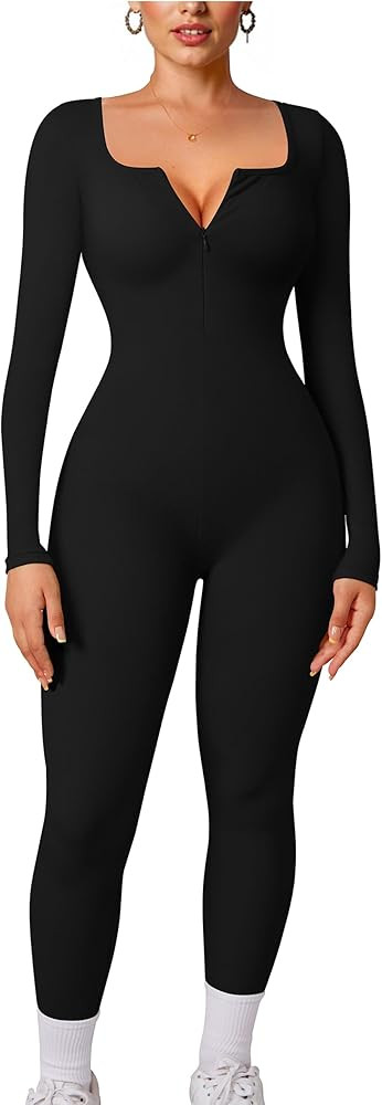 Aprilake Women's Sexy Ribbed Long Sleeve Bodycon Romper Scoop Neck Zip Front One Piece Jumpsuits | Amazon (US)