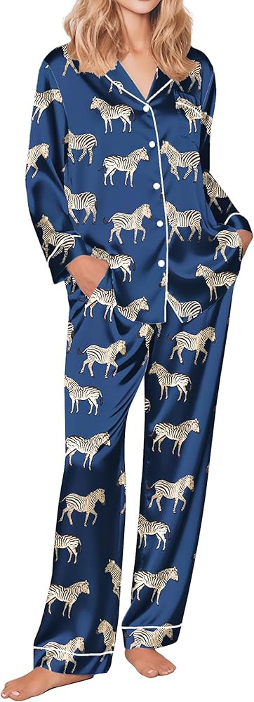 Ekouaer Women's Classic Button Down Long Satin Silk Pajama Set | Amazon (US)