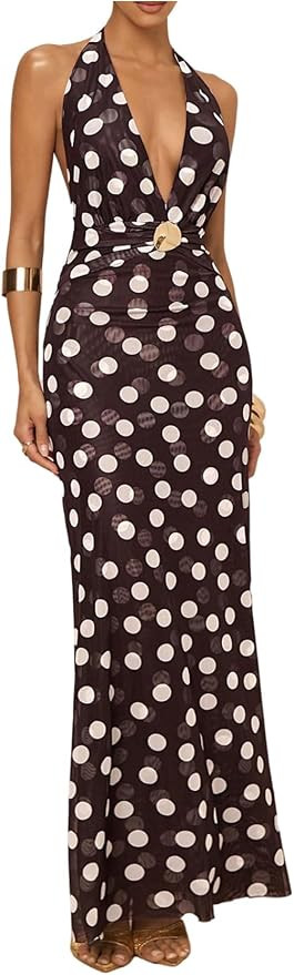 GORGLITTER Women's Polka Dots Halter Maxi Dress Wedding Guest Dress V Neck Backless Formal Cockta... | Amazon (US)