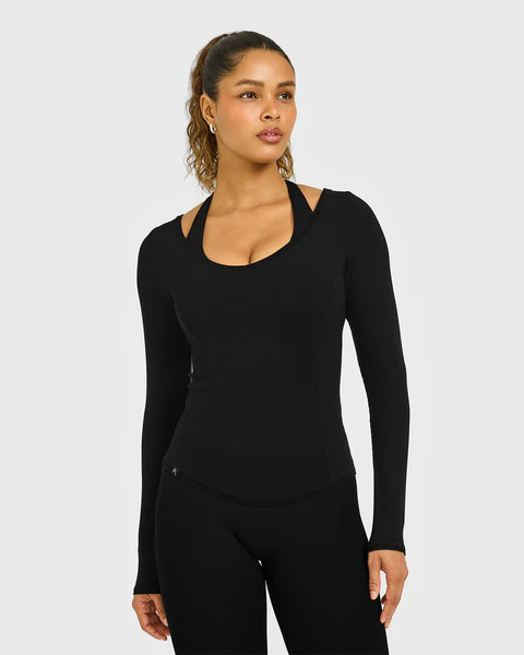 Mellow™ Rib V Neck Long Sleeve Top 
 Black | Oner Active (UK / US)