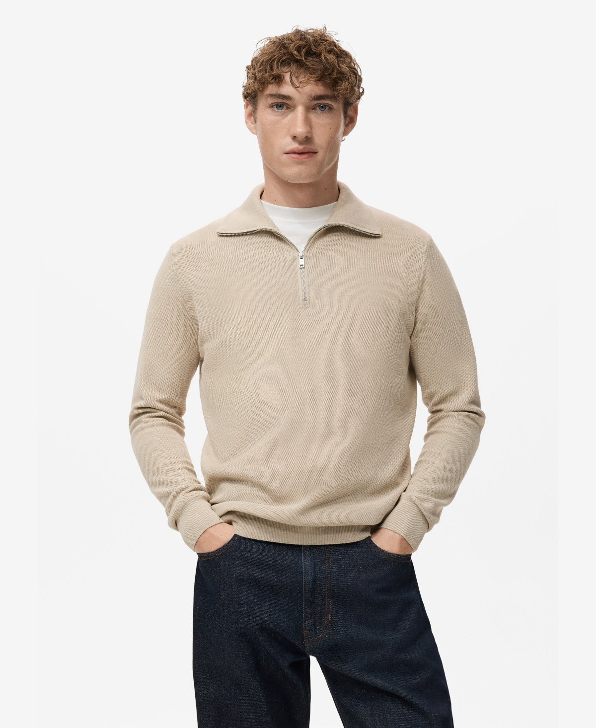 Mango Men's Zipper Collar Microstructure Sweater - Beige | Macy's