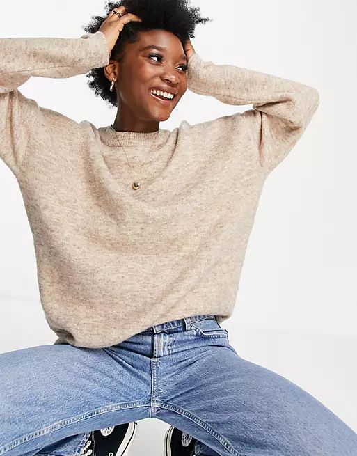 ASOS DESIGN oversized sweater with volume sleeve in stone | ASOS (Global)